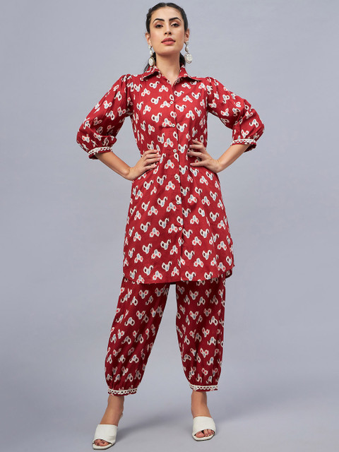 WineRed Printed Shirt Collar Three-Quarter Sleeves Pure Cotton Top & Trouser