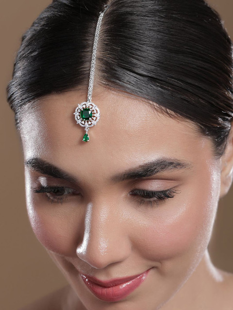 Rubans Rhodium-Plated Emerald Green & Cubic Zirconia Studded Maang Tikka