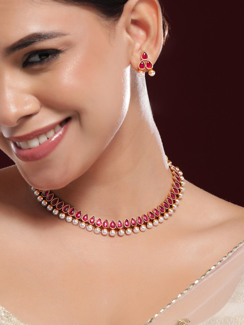 Rubans 22K Gold-Plated Red Stone & Pearl Beaded Traditional Jewellery Set