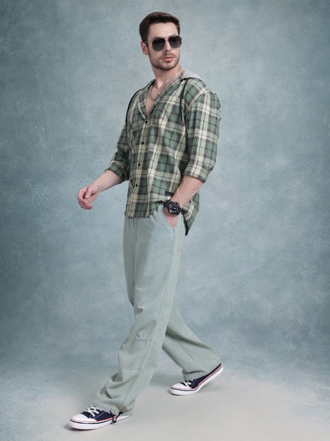 The Roadster Life Co. Tartan Checks Pure Cotton Hooded Relaxed Fit Shirt