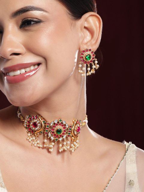Rubans 22K Gold-Plated Emerald & Ruby Pink Kundan Choker Jewellery Set with Pearl Beads