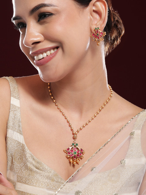 Rubans 22K Gold-Plated Emerald Green, Ruby Pink Kundan Jewellery Set with Golden Beads