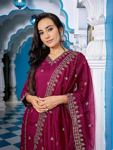 Royal Export Floral Embroidered Sequinned Kurta with Palazzo & Dupatta