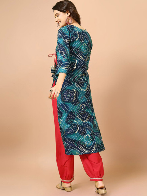 Sangria Teal Blue Bandhani Printed Angrakha Sequined Straight Kurta - Image 5