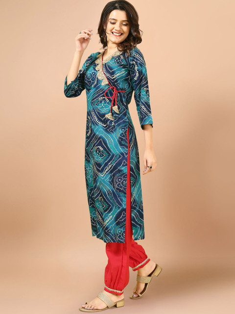 Sangria Teal Blue Bandhani Printed Angrakha Sequined Straight Kurta - Image 4
