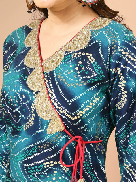 Sangria Teal Blue Bandhani Printed Angrakha Sequined Straight Kurta - Image 3