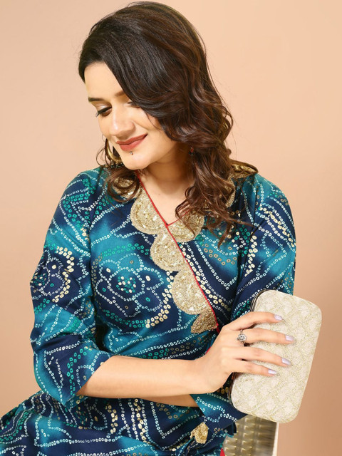 Sangria Teal Blue Bandhani Printed Angrakha Sequined Straight Kurta