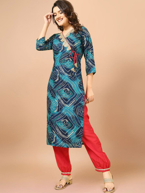 Sangria Teal Blue Bandhani Printed Angrakha Sequined Straight Kurta - Image 2