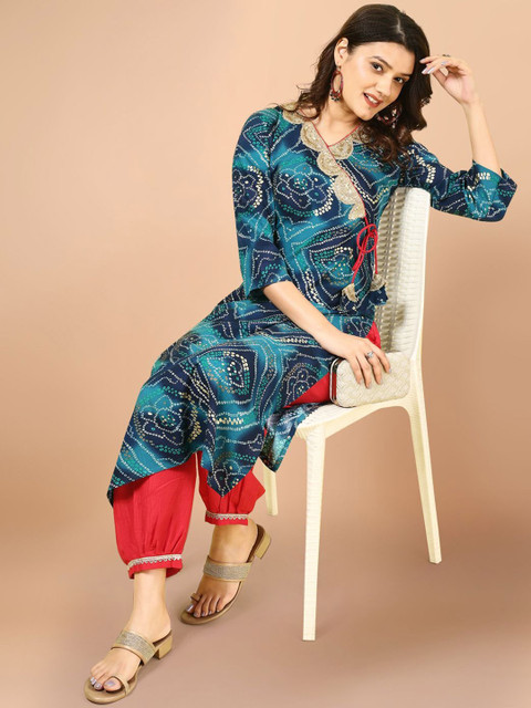 Sangria Teal Blue Bandhani Printed Angrakha Sequined Straight Kurta - Image 6