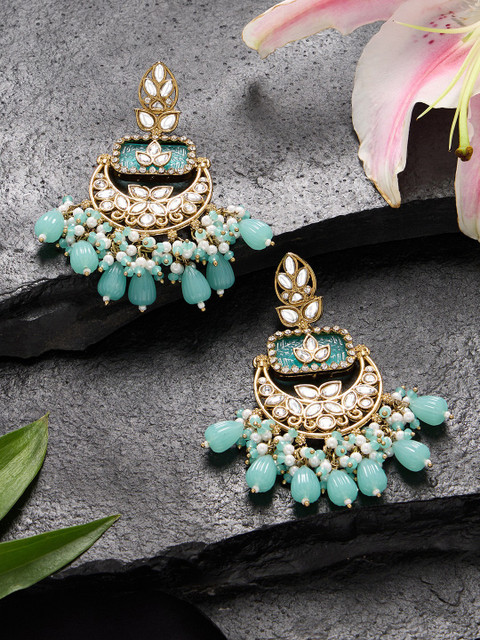 Zaveri Pearls Gold-Plated Kundan Stone Studded & Beaded Contemporary Chandbalis