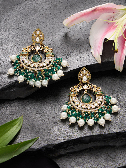 Zaveri Pearls Gold-Plated Kundan Stone Studded & Beaded Contemporary Chandbalis