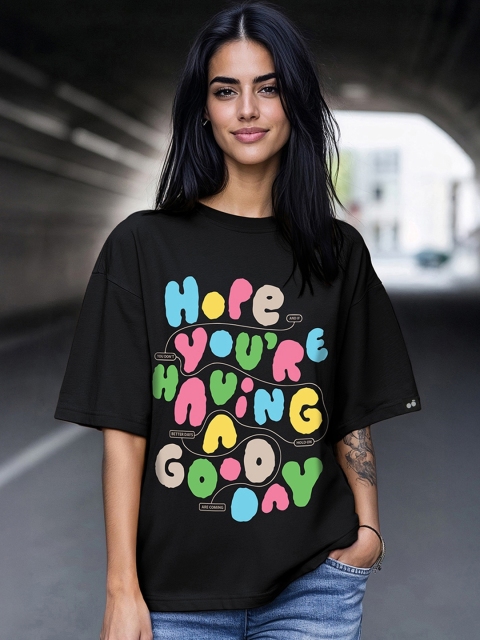 Bewakoof Women Typography Printed Round Neck Cotton Oversized T-shirt