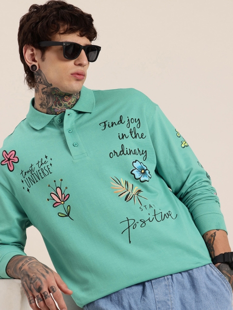 HERE&NOW Typography Printed Polo Collar Drop-Shoulder Sleeves Pure Cotton Relaxed T-shirt