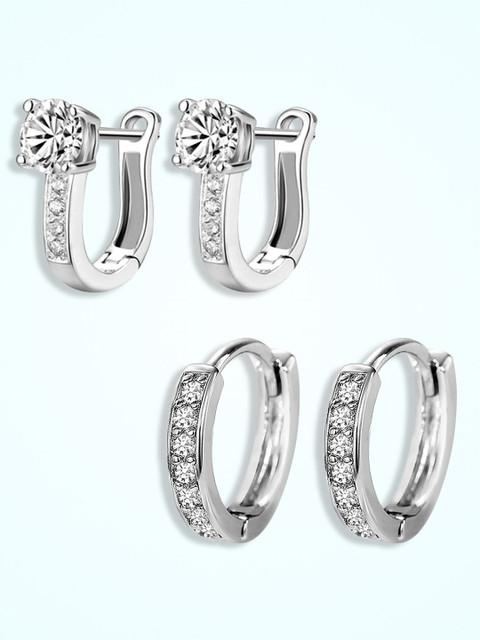 Peora Set Of 2 Silver-Plated Sterling Silver Solitaire CZ Studded Hoop Earrings