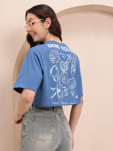 Mast & Harbour Women Printed Drop-Shoulder Sleeves Pure Cotton Boxy Crop T-shirt