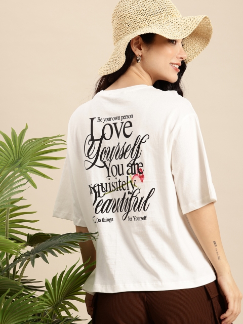 Mast & Harbour Pure Cotton Typography Printed Drop-Shoulder Sleeves Relaxed Fit T-shirt