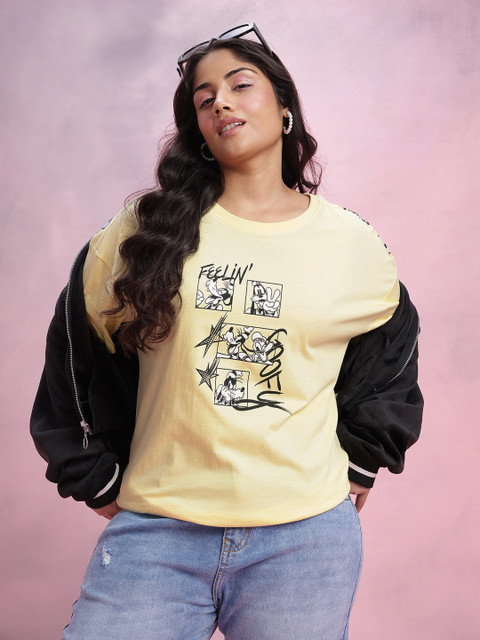 DressBerry Curve Plus Size Mickey Mouse Printed Drop-Shoulder Sleeves Pure Cotton T-shirt