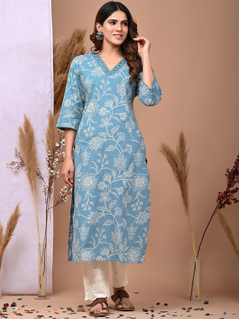 Rimeline Floral Printed Three-Quarter Sleeves Mirror Work Pure Cotton Straight Kurta - Image 2