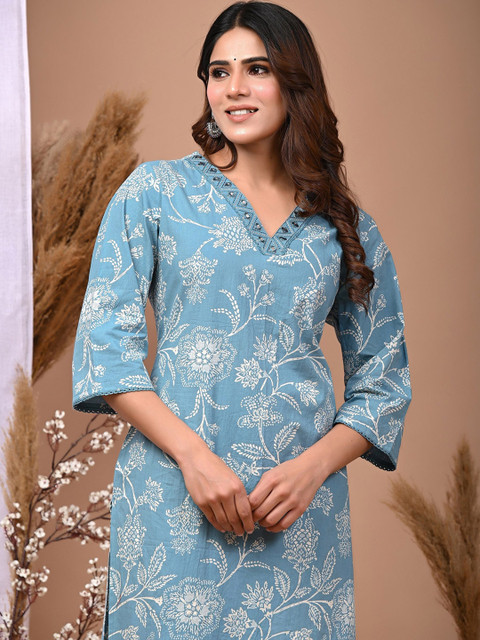Rimeline Floral Printed Three-Quarter Sleeves Mirror Work Pure Cotton Straight Kurta - Image 3