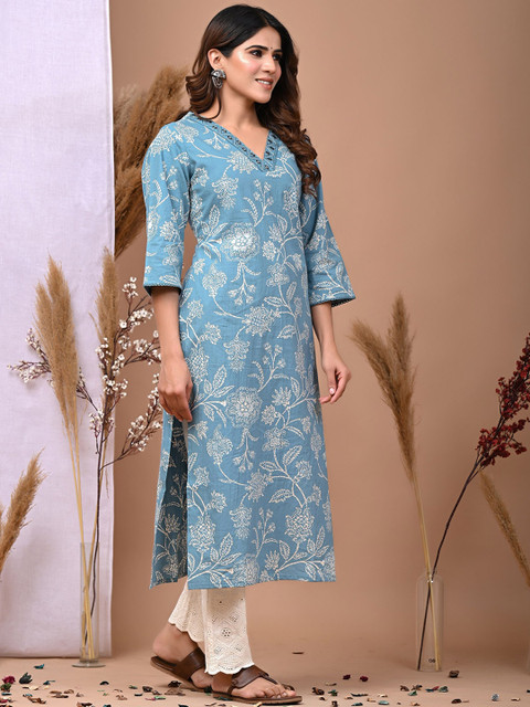 Rimeline Floral Printed Three-Quarter Sleeves Mirror Work Pure Cotton Straight Kurta - Image 4
