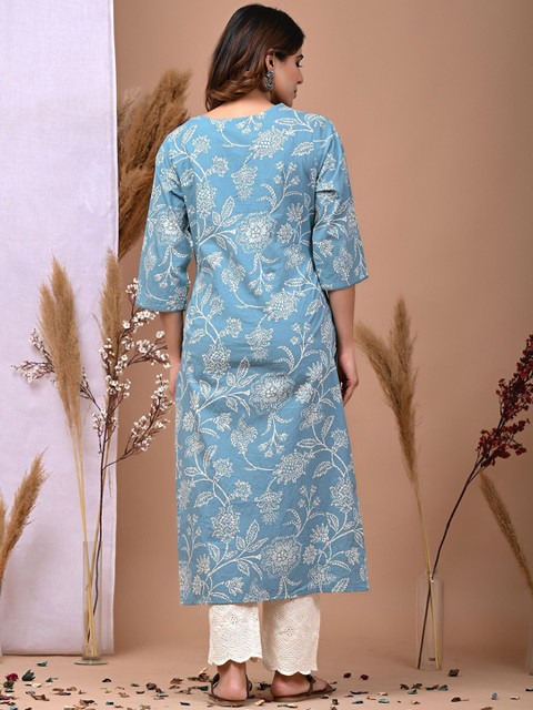 Rimeline Floral Printed Three-Quarter Sleeves Mirror Work Pure Cotton Straight Kurta - Image 5
