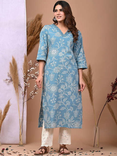 Rimeline Floral Printed Three-Quarter Sleeves Mirror Work Pure Cotton Straight Kurta - Image 6