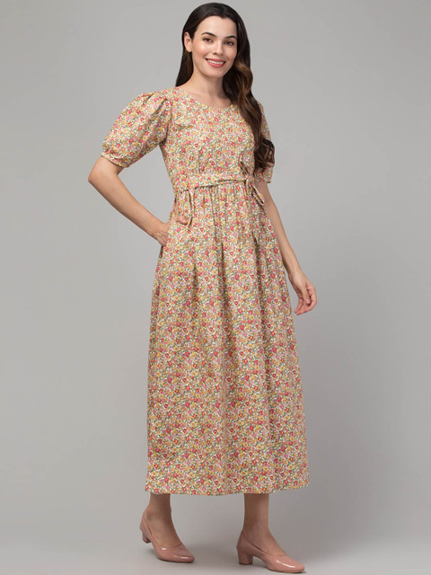 Zuvino Floral Printed Puff Sleeve Cotton Maternity Fit & Flare Midi Dress - Image 3