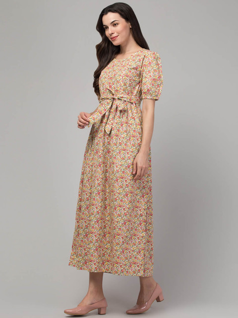 Zuvino Floral Printed Puff Sleeve Cotton Maternity Fit & Flare Midi Dress - Image 4