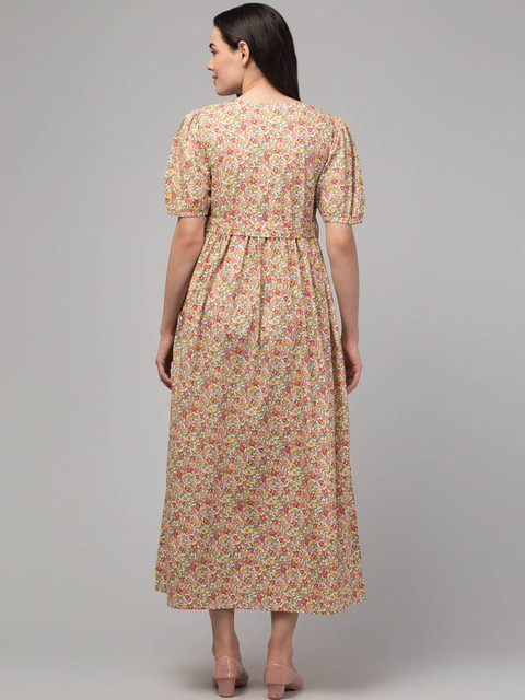 Zuvino Floral Printed Puff Sleeve Cotton Maternity Fit & Flare Midi Dress - Image 5