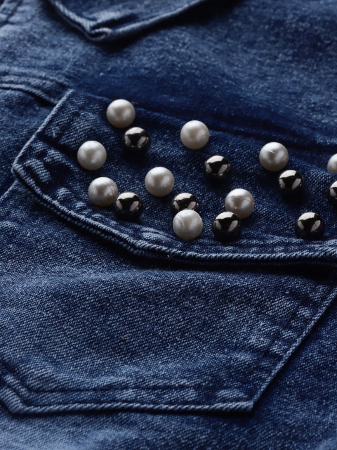 Aarika Washed Beads Studded Cropped Denim Jacket - Image 6