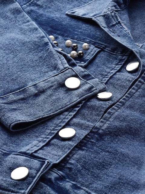 Aarika Washed Beads Studded Cropped Denim Jacket - Image 7