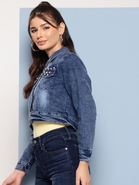 Aarika Washed Beads Studded Cropped Denim Jacket - Image 3