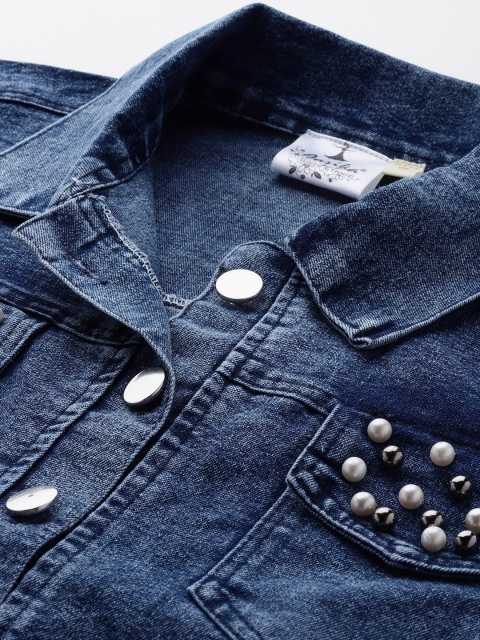 Aarika Washed Beads Studded Cropped Denim Jacket - Image 2