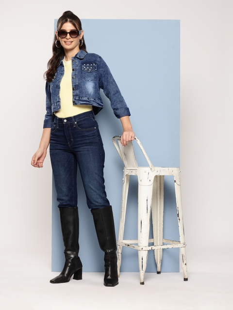 Aarika Washed Beads Studded Cropped Denim Jacket - Image 5