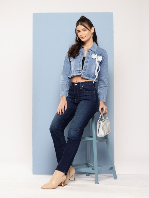 Aarika Washed Cropped Denim Jacket with Bow Detail - Image 5