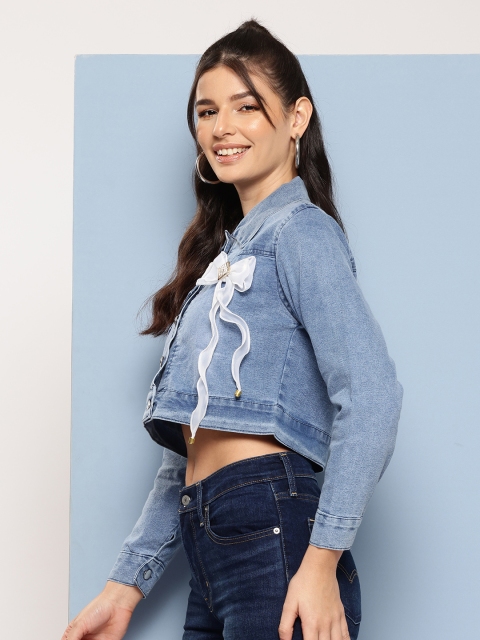 Aarika Washed Cropped Denim Jacket with Bow Detail - Image 3
