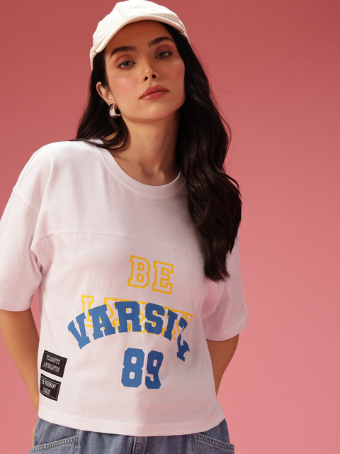 DressBerry Women Typography Printed Drop-Shoulder Sleeves Pure Cotton Boxy T-shirt