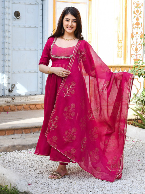 GoSriKi Thread Work Anarkali Kurta With Trouser & Dupatta - Image 6