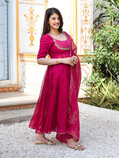 GoSriKi Thread Work Anarkali Kurta With Trouser & Dupatta - Image 4