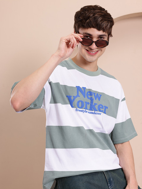 Mast & Harbour Horizontally Striped Drop-Sleeves Oversized T-shirt with Typography Detail