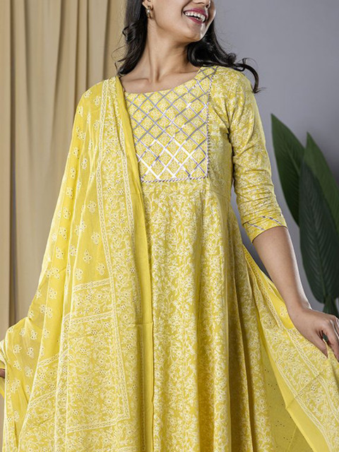 KALINI Women Ethnic Printed Pure Cotton Round Neck Fit and Flare Dress with Dupatta - Image 2