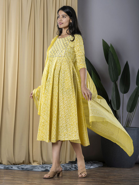 KALINI Women Ethnic Printed Pure Cotton Round Neck Fit and Flare Dress with Dupatta - Image 4