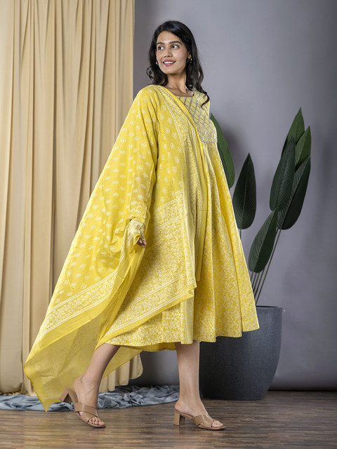 KALINI Women Ethnic Printed Pure Cotton Round Neck Fit and Flare Dress with Dupatta - Image 3