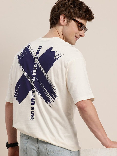HERE&NOW Printed Drop-Shoulder Sleeves Relaxed Fit Pure Cotton T-shirt