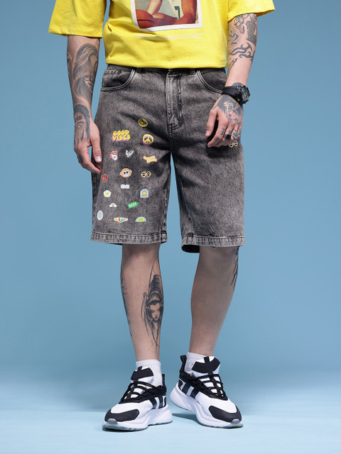 HERE&NOW Men Pure Cotton Graphic Printed Relaxed Fit Denim Shorts - Image 2
