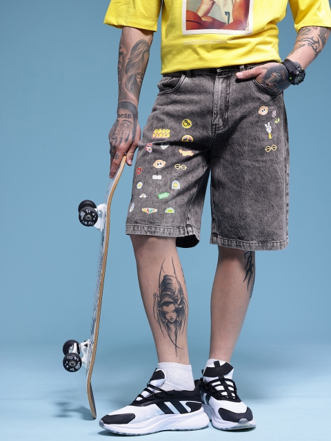 HERE&NOW Men Pure Cotton Graphic Printed Relaxed Fit Denim Shorts