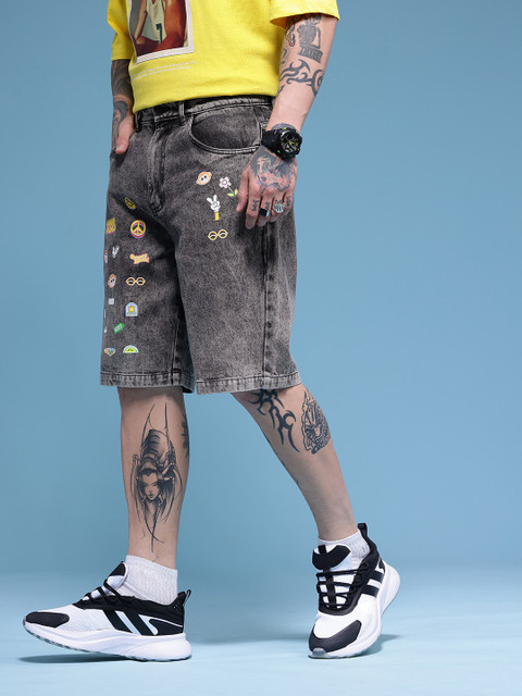 HERE&NOW Men Pure Cotton Graphic Printed Relaxed Fit Denim Shorts - Image 3