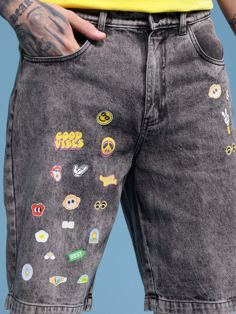 HERE&NOW Men Pure Cotton Graphic Printed Relaxed Fit Denim Shorts - Image 6