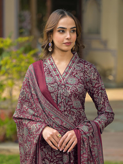 KALINI Floral Printed Pleated Kurta with Trouser & Dupatta