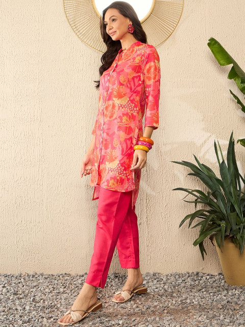KALINI Floral Printed Mandarin Collar Three-Quarter Sleeves Top With Trouser - Image 4